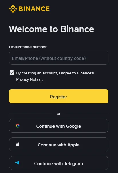Binance English sign-up page, blank form: "Welcome to Binance", an empty Email/Phone number field (without country code), a pre-ticked box reading "By creating an account, I agree to Binance's Privacy Notice", a Register button, and Continue with Google, Apple and Telegram options.